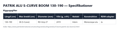 Specifikationstabell för Patrik Alu S-Curve Boom 130-190